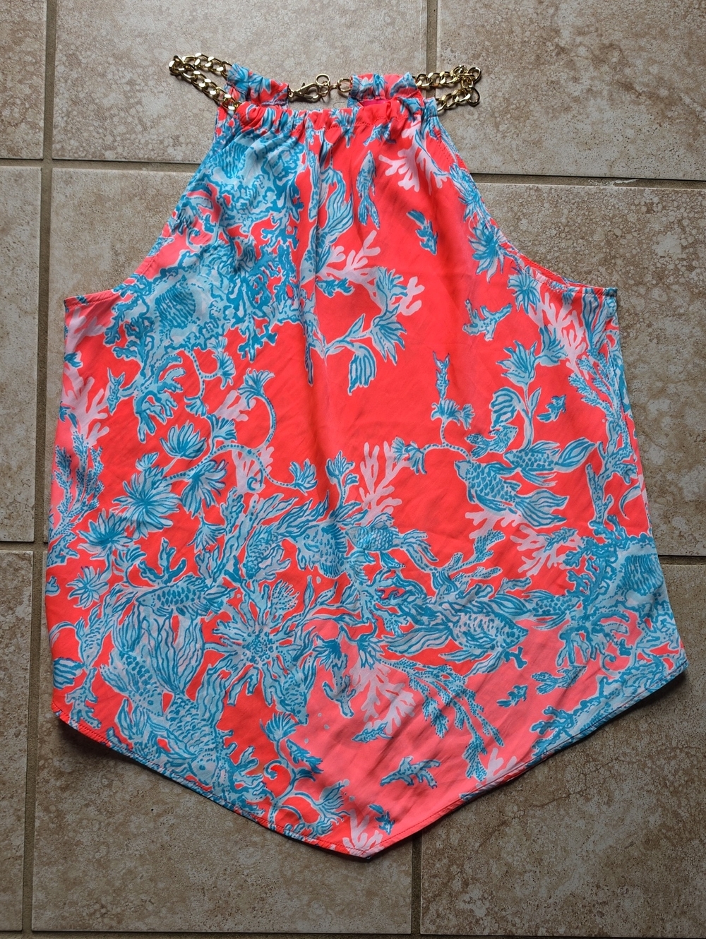Lilly Pulitzer Pink and Aqua Tropical Halter with Gold Chain